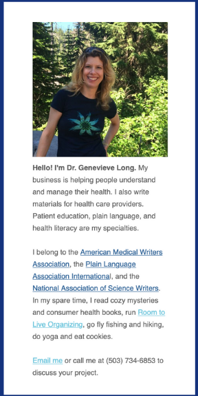 Genevieve's about section in her email newsletter